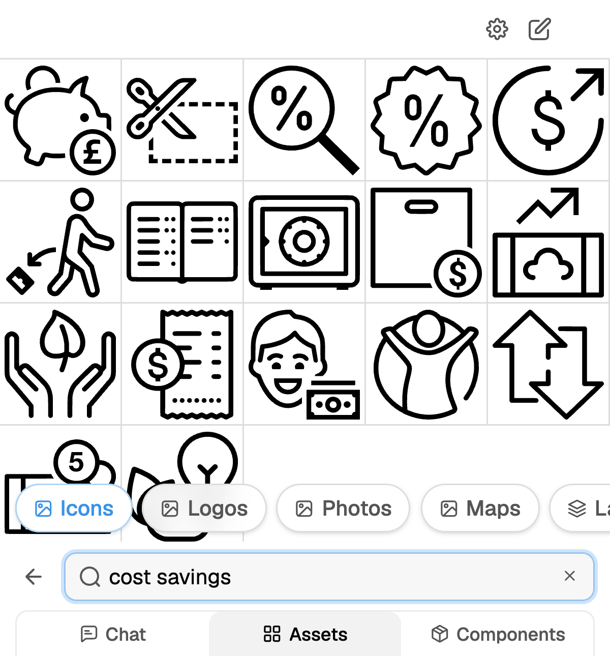 Icon results for a cost savings search: piggy bank, discount tags, a safe, a receipt and rising-money glyphs