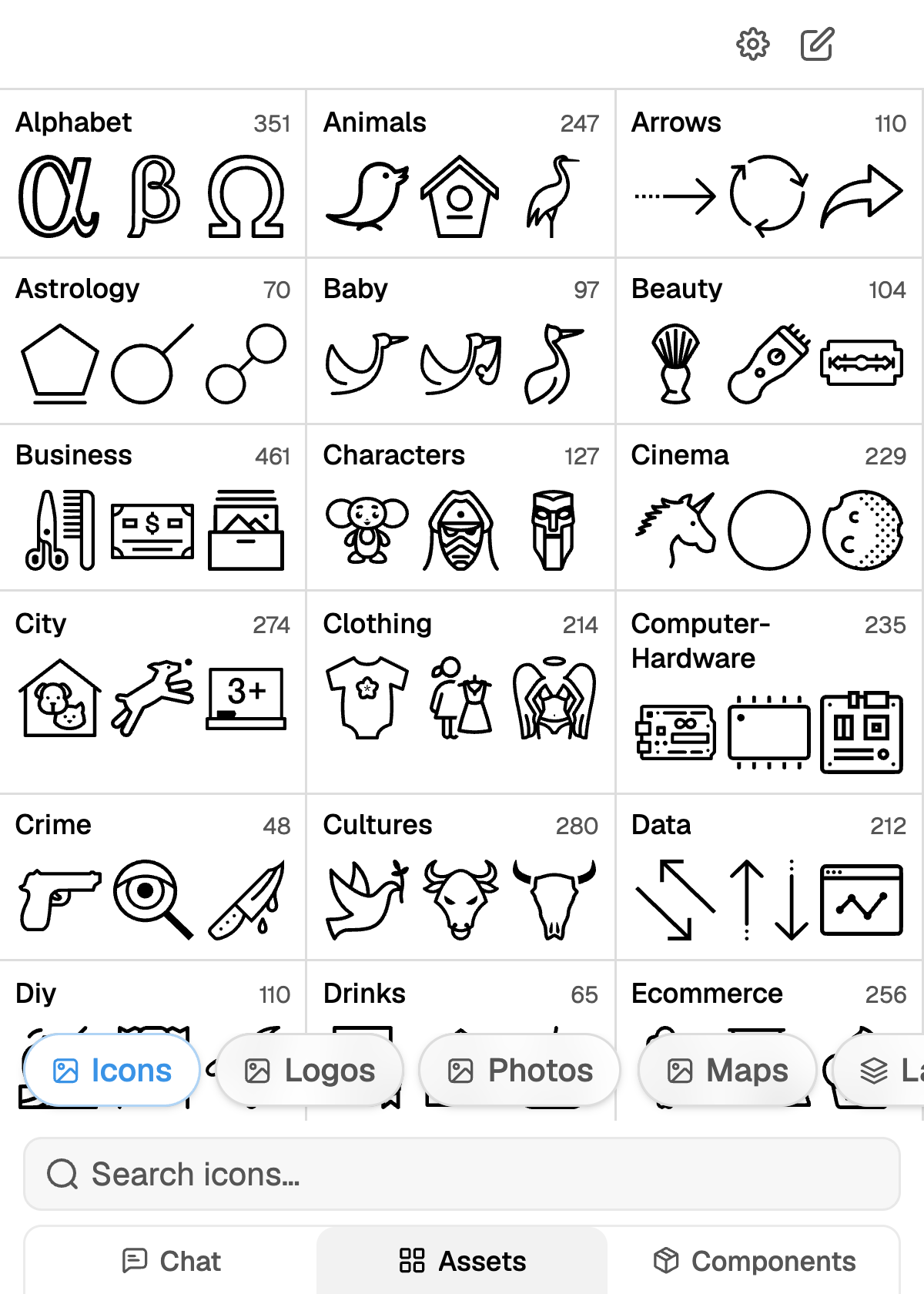 Icons library showing categories such as Alphabet, Animals, Business and Data with counts