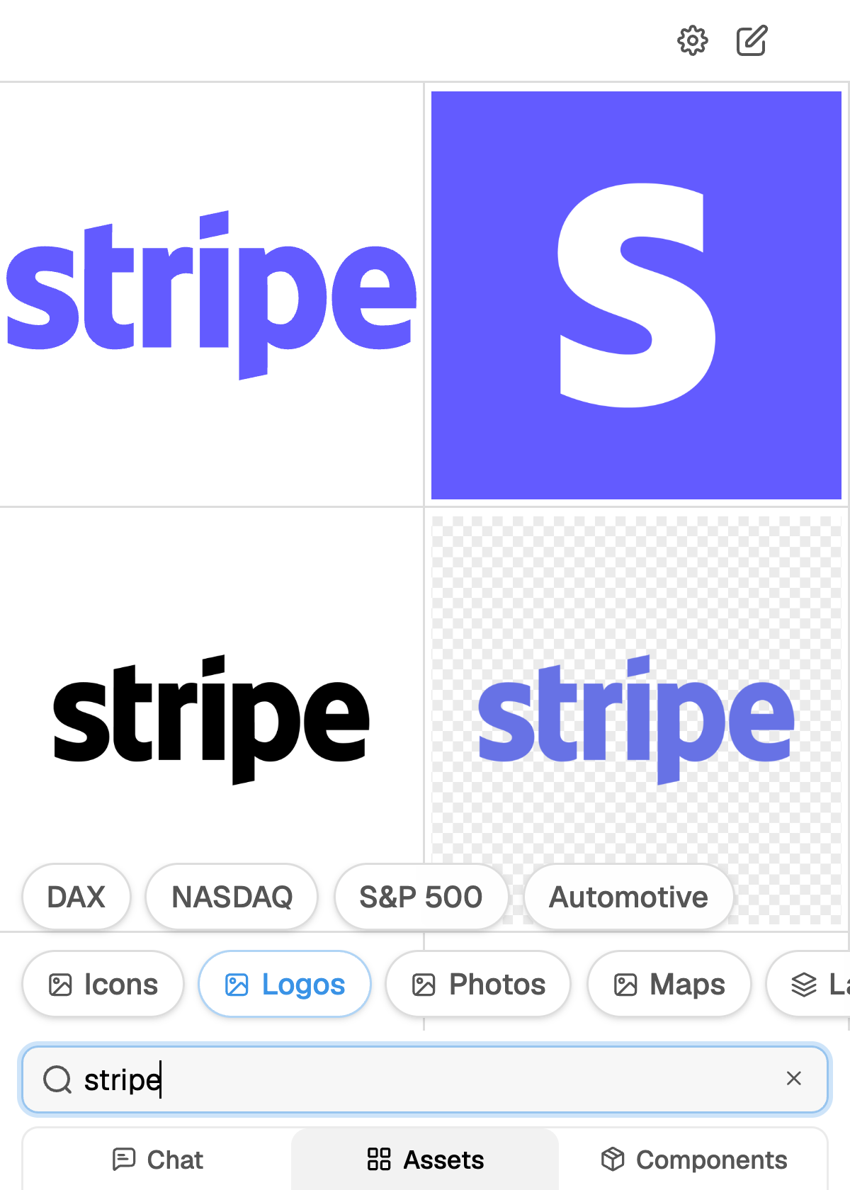 Logo search results for Stripe showing the wordmark, the S symbol, a black version and a transparent version