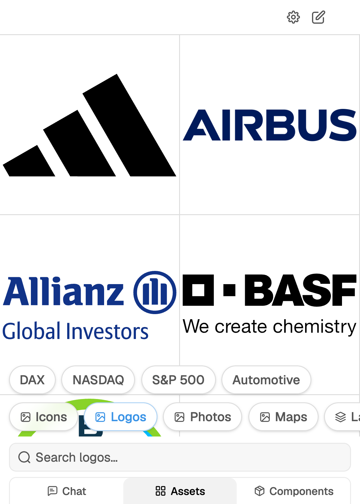 Logos library showing brand marks and gallery filters for DAX, NASDAQ, S&P 500 and Automotive
