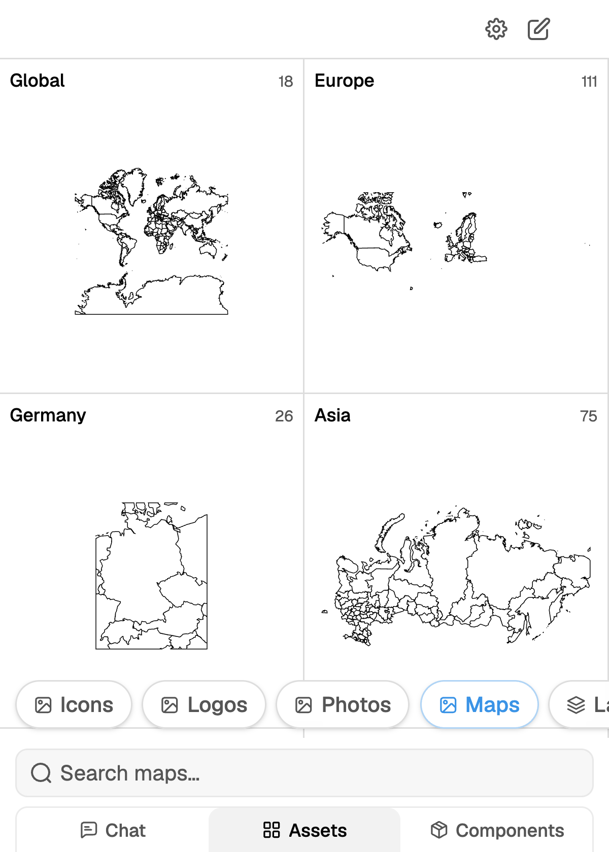 Maps library showing Global, Europe, Germany and Asia regions with preset counts and outline previews