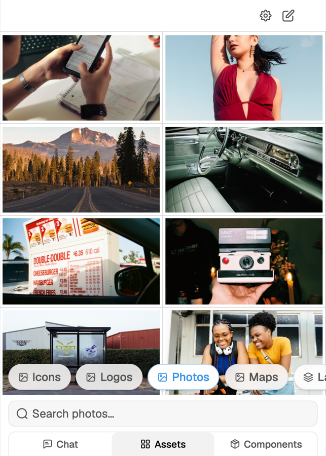 Photos library showing a grid of editorial photographs, the Icons, Logos, Photos, Maps and Layouts row, and the search box