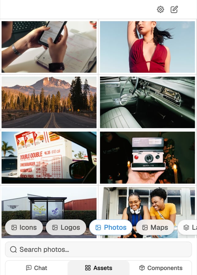 Photos library showing a grid of editorial photographs, the Icons, Logos, Photos, Maps and Layouts row, and the search box