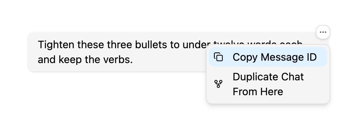 Message action menu open on a user message, showing Copy Message ID and Duplicate Chat From Here