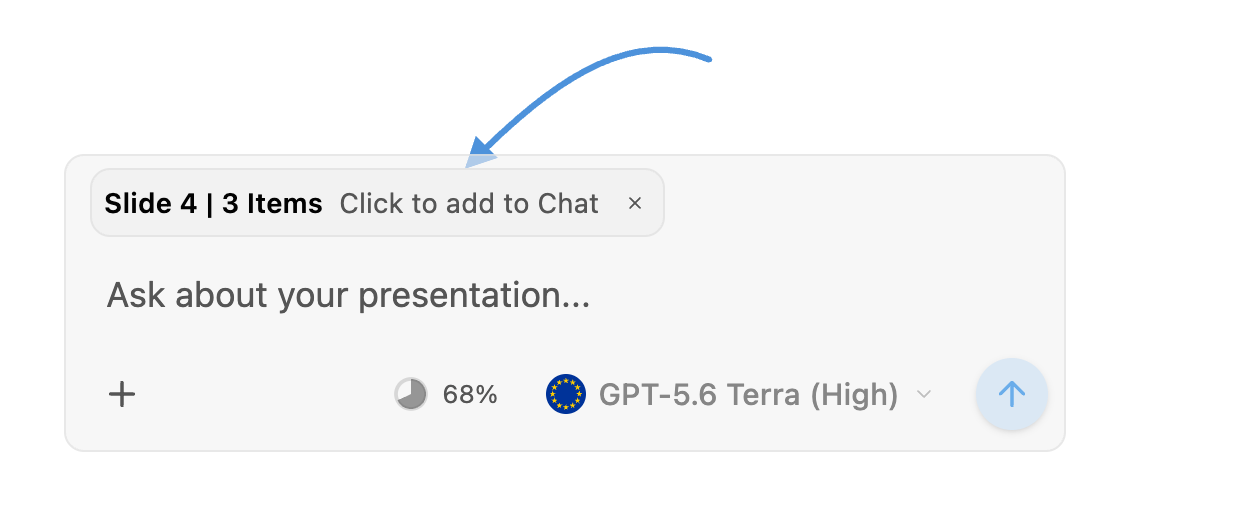 Composer with a Slide 4, 3 Items selection badge above it and an arrow pointing at Click to add to Chat