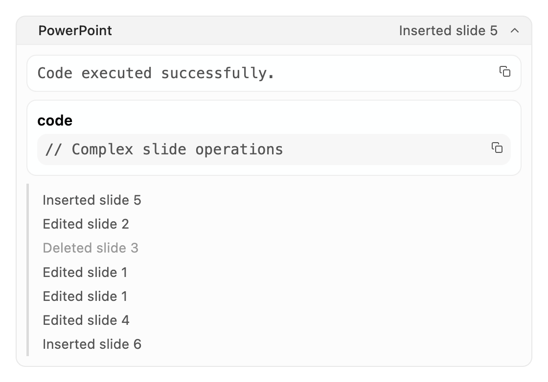 Expanded PowerPoint step row showing code, output and slide action lines