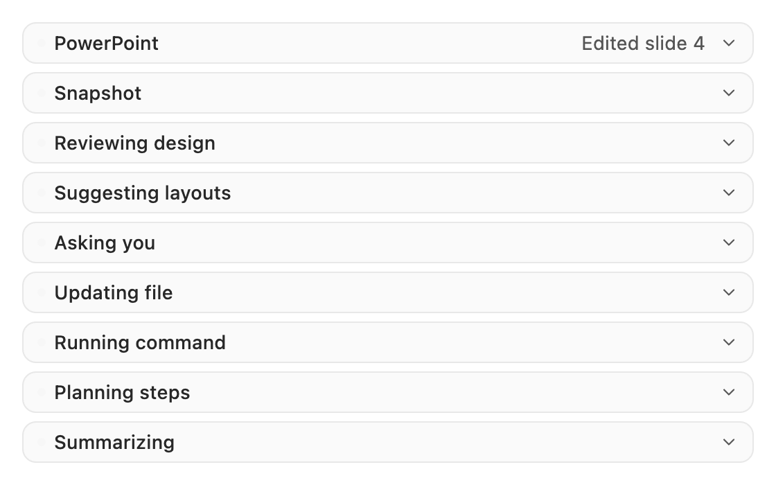 Step rows for PowerPoint, Snapshot, Reviewing design, Suggesting layouts, Asking you, Updating file, Running command, Planning steps and Summarizing