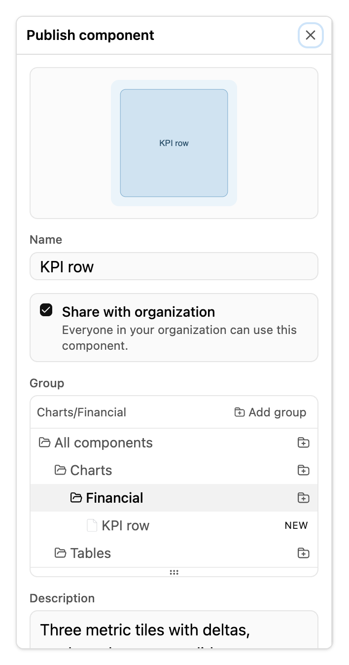 Publish component drawer with name, sharing toggle, group tree and description