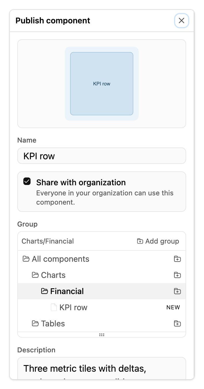 Publish component drawer with name, sharing toggle, group tree and description