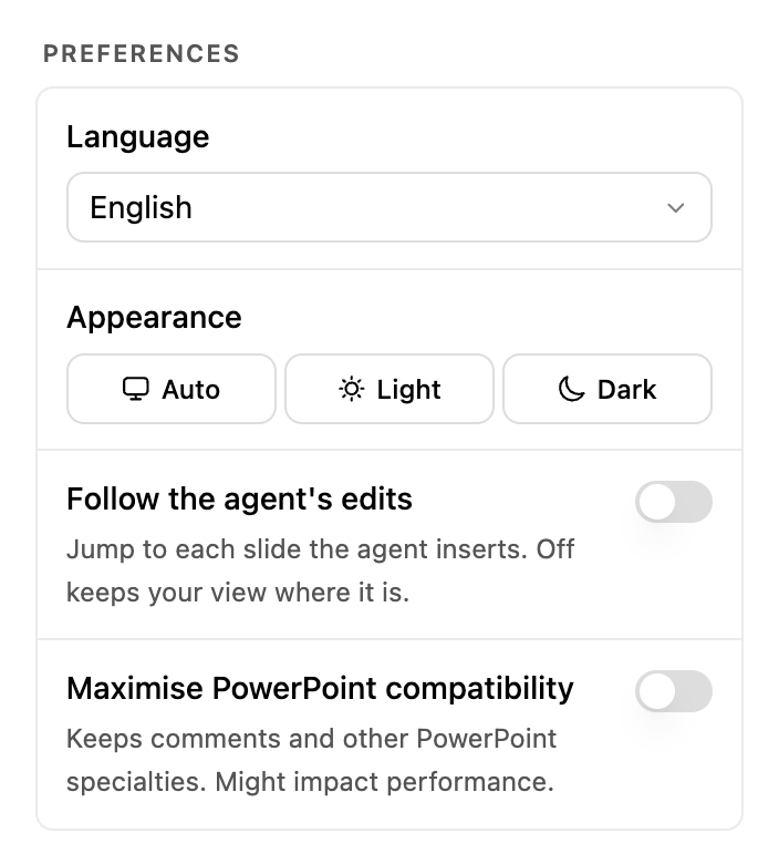 Preferences section of the add-in settings drawer