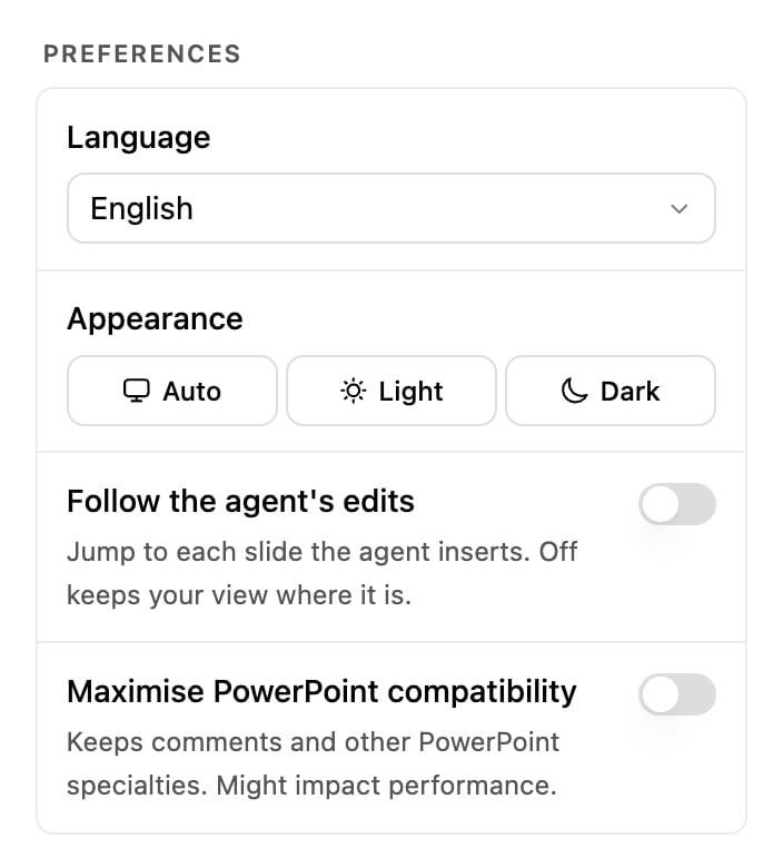Preferences section of the add-in settings drawer