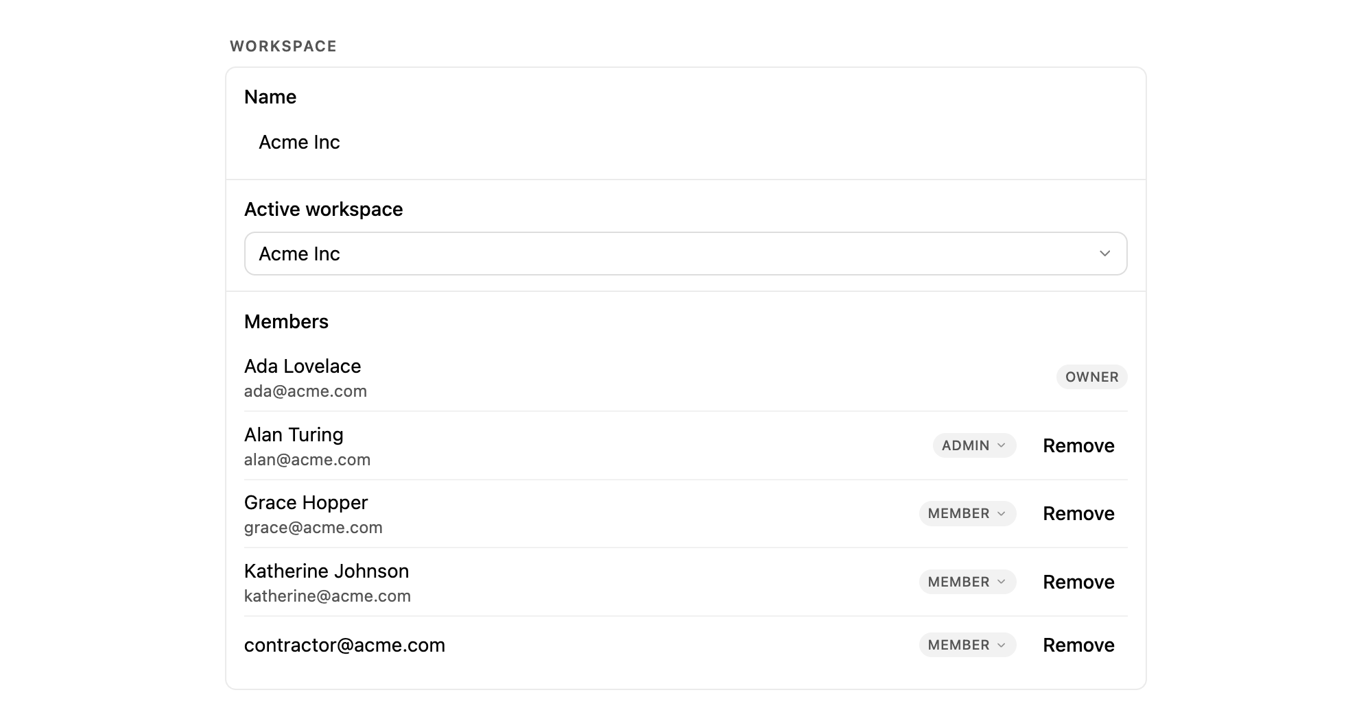 Workspace settings showing the member list with role badges