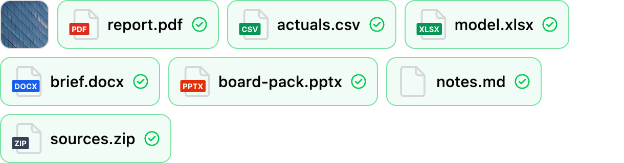 Attachment chips for a photo, PDF, CSV, XLSX, DOCX, PPTX, Markdown and ZIP file