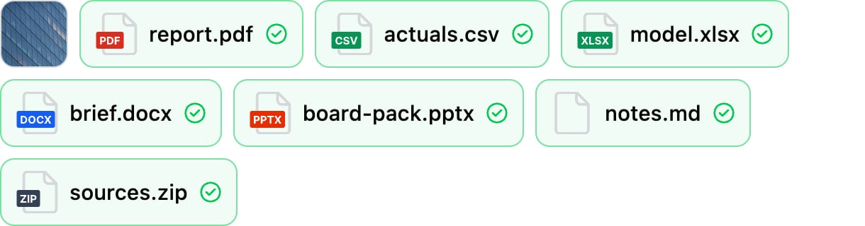 Attachment chips for a photo, PDF, CSV, XLSX, DOCX, PPTX, Markdown and ZIP file