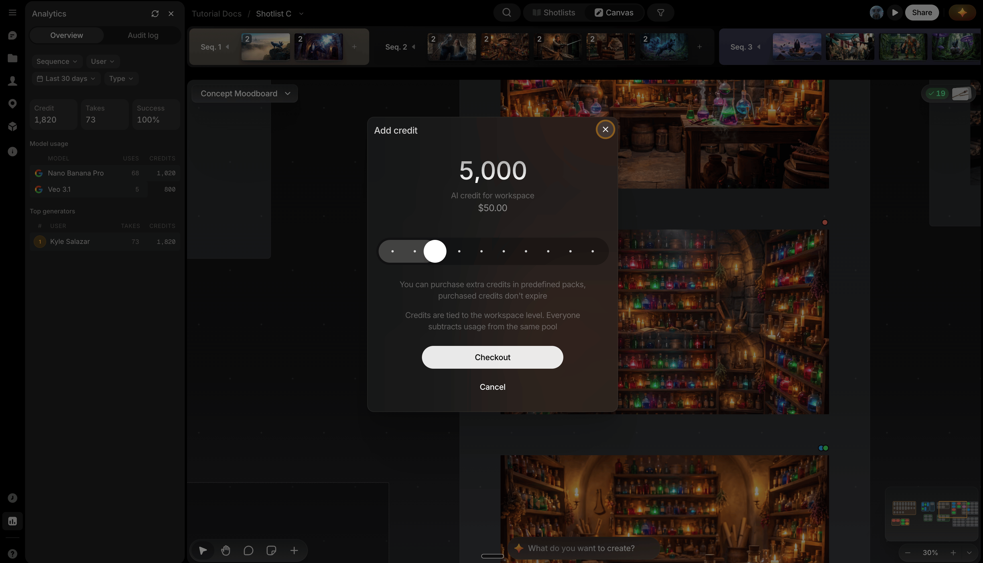 Add Credits and Stripe checkout