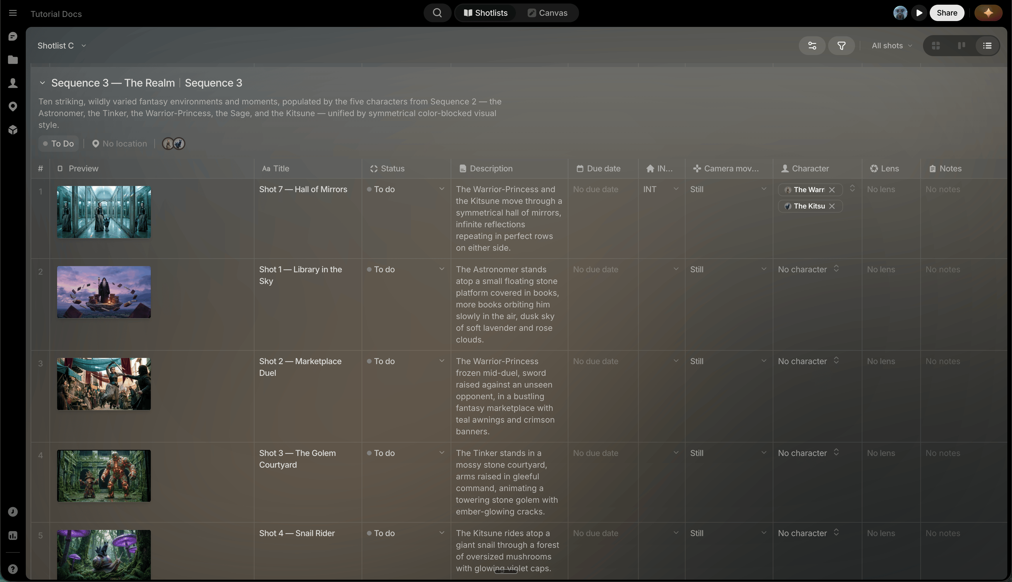 Shotlists List mode