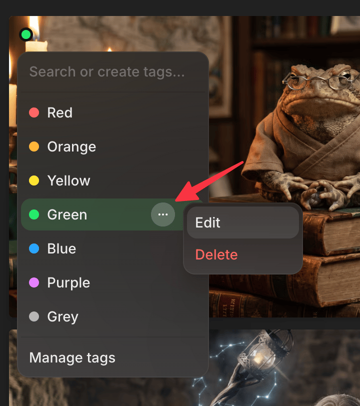 Tag menu with Edit and Delete