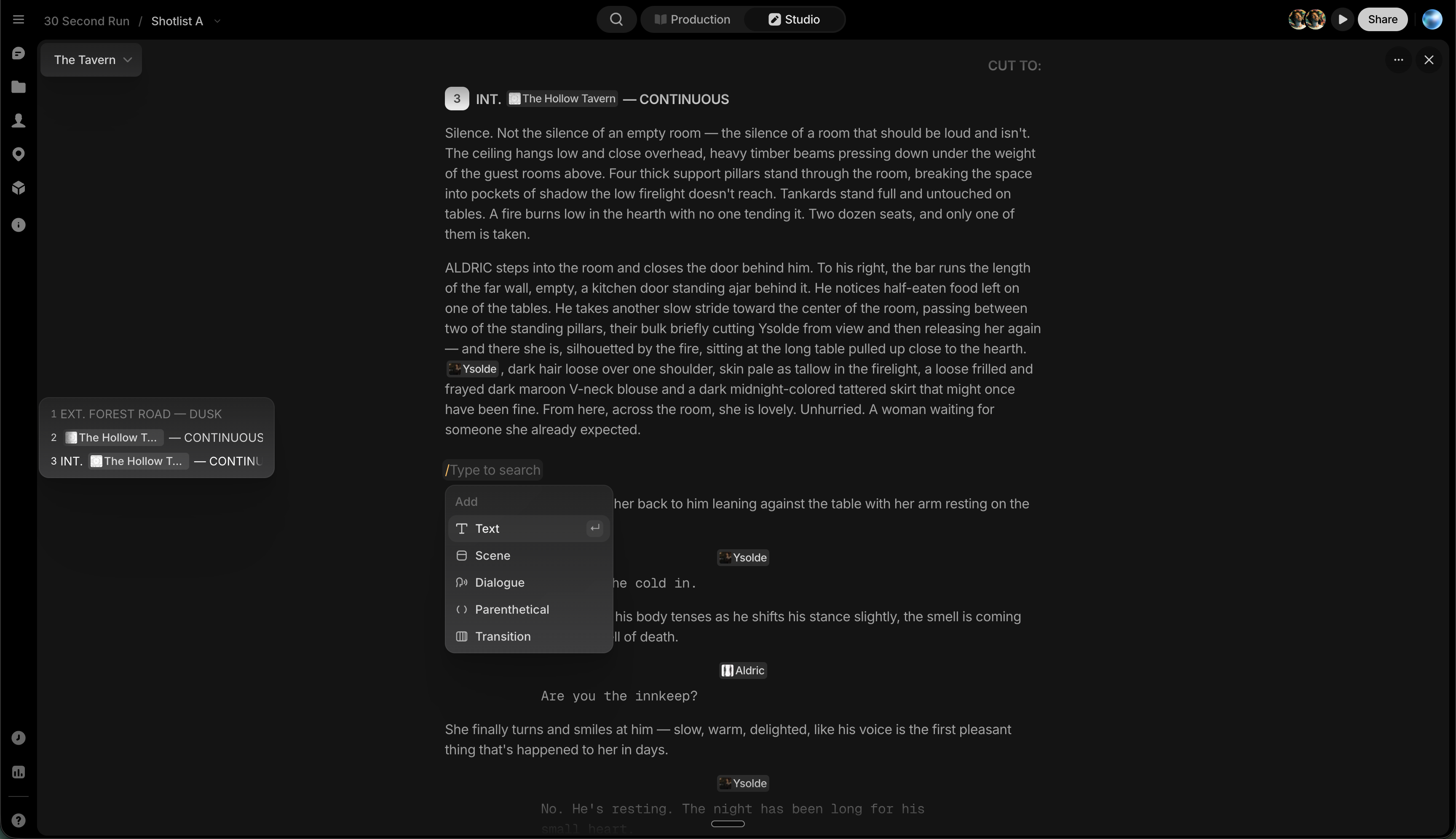 The Script editor: scene and dialogue blocks with library chips, the block add menu open, and the scene list