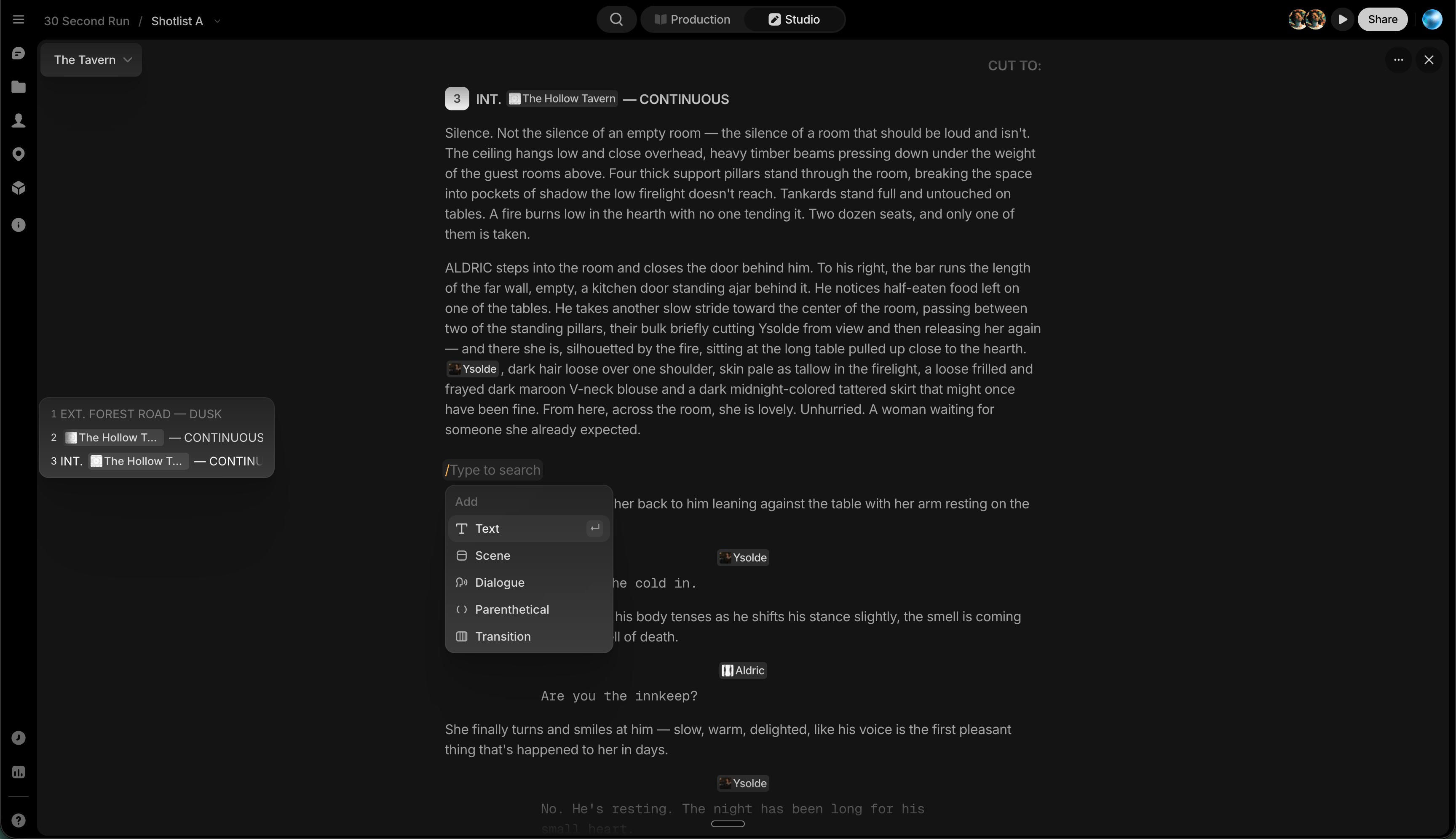 The Script editor: scene and dialogue blocks with library chips, the block add menu open, and the scene list