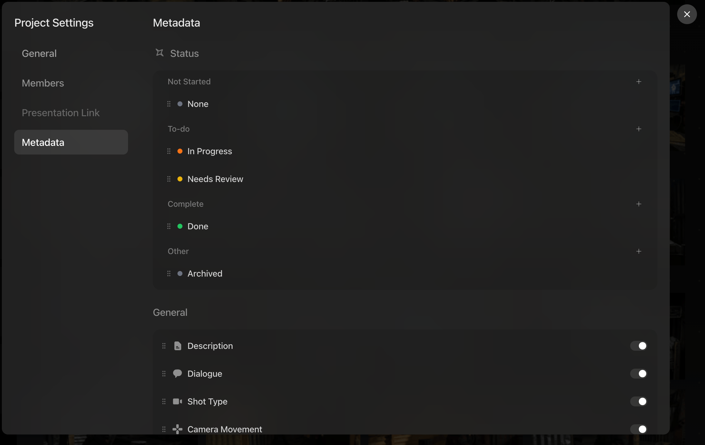 Project Settings Menu Project Settings Menu