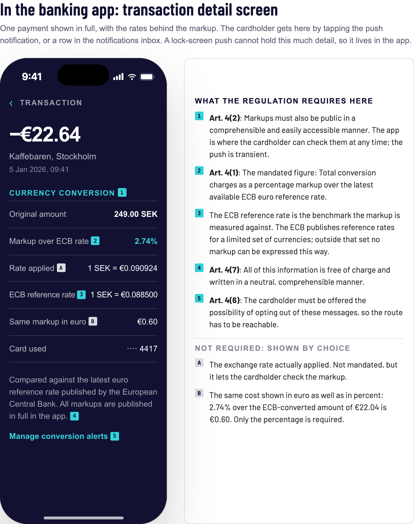Transaction detail screen showing the markup, the applied exchange rate and the ECB reference rate