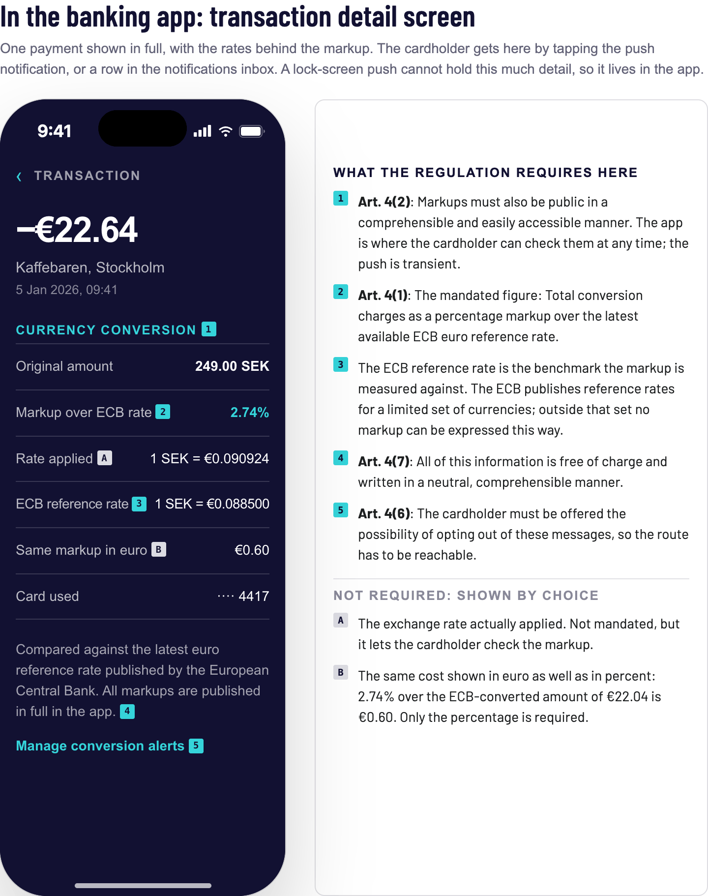 Transaction detail screen showing the markup, the applied exchange rate and the ECB reference rate