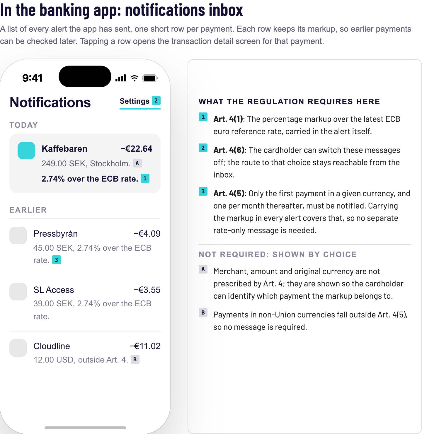 Notifications inbox listing past alerts, each carrying its markup