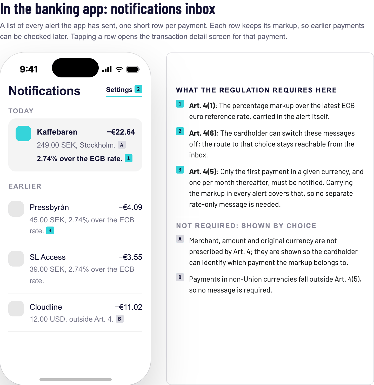 Notifications inbox listing past alerts, each carrying its markup