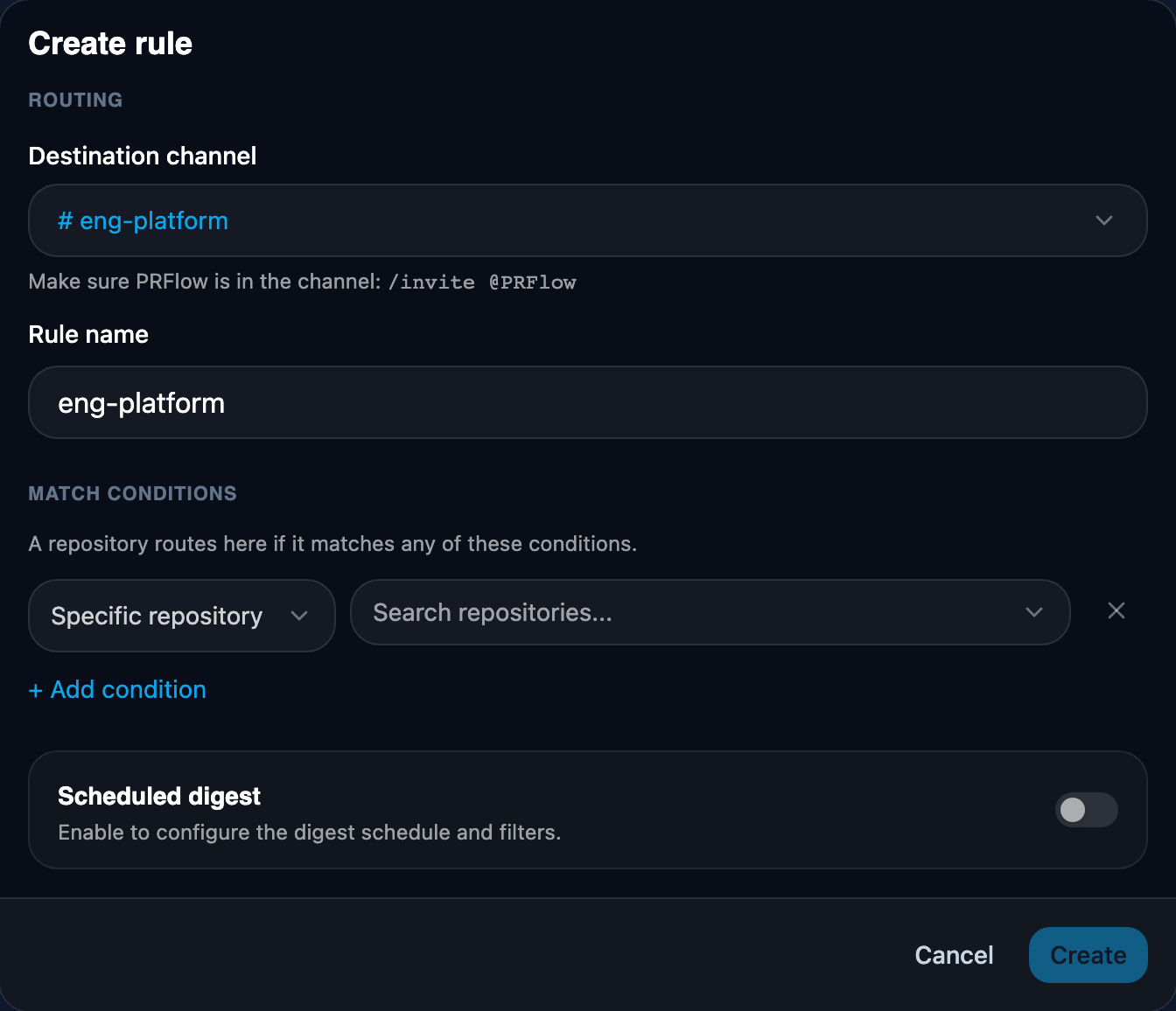 The rule editor: destination channel picked, rule name prefilled, one Specific repository condition open