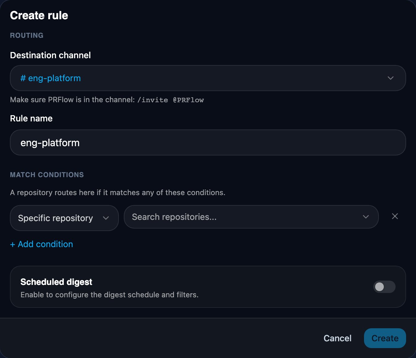 The rule editor: destination channel picked, rule name prefilled, one Specific repository condition open