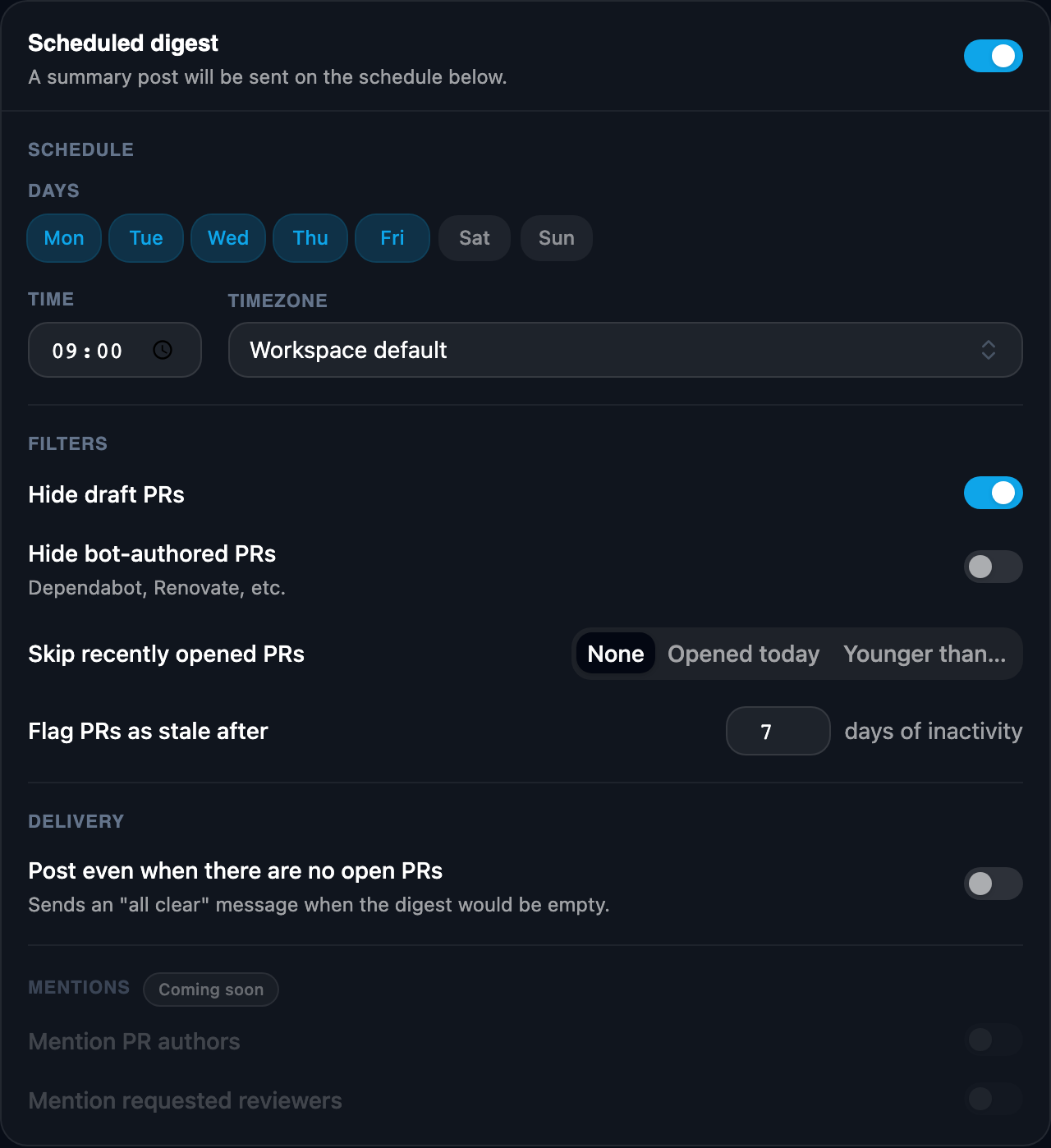 The Scheduled digest section of the rule editor: toggle on, with schedule, filters, and delivery settings expanded