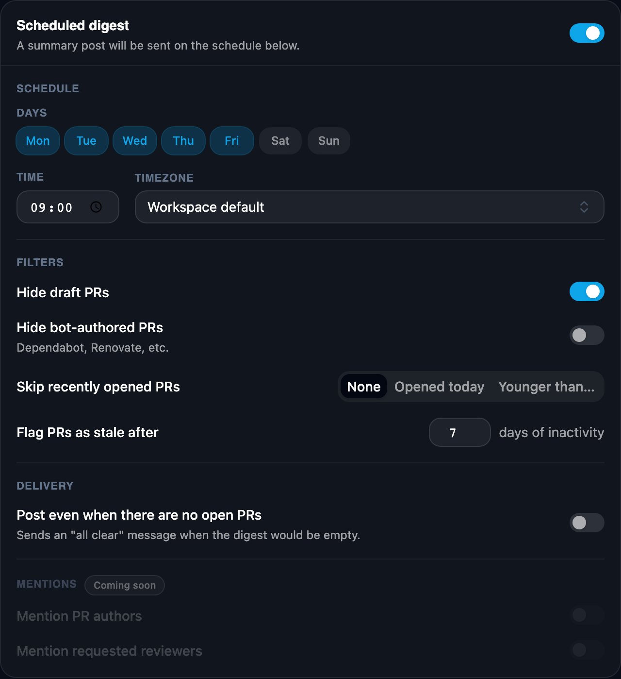 The Scheduled digest section of the rule editor: toggle on, with schedule, filters, and delivery settings expanded