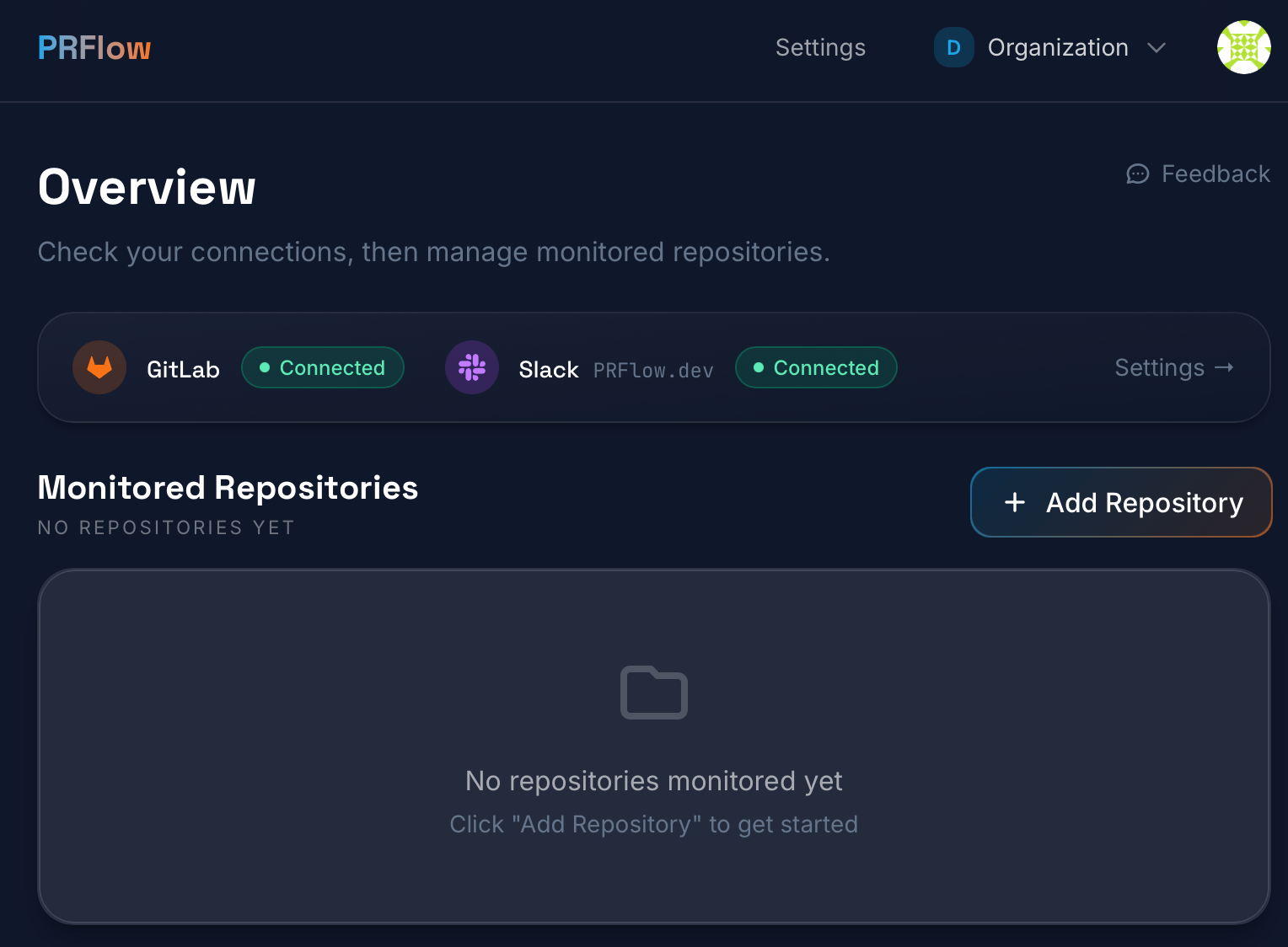 The PRFlow overview page with the Add Repository button