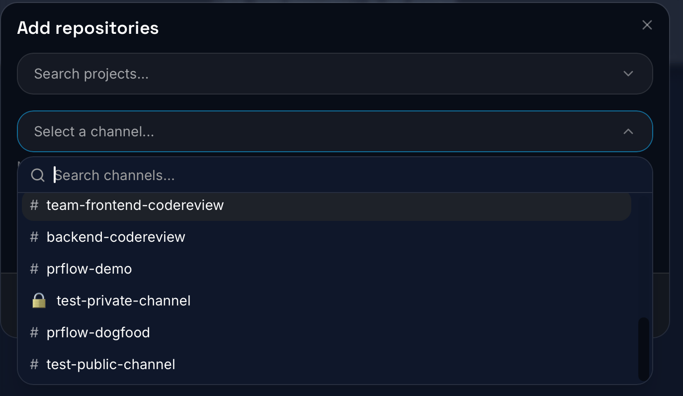 The channel picker listing public channels and one private channel
