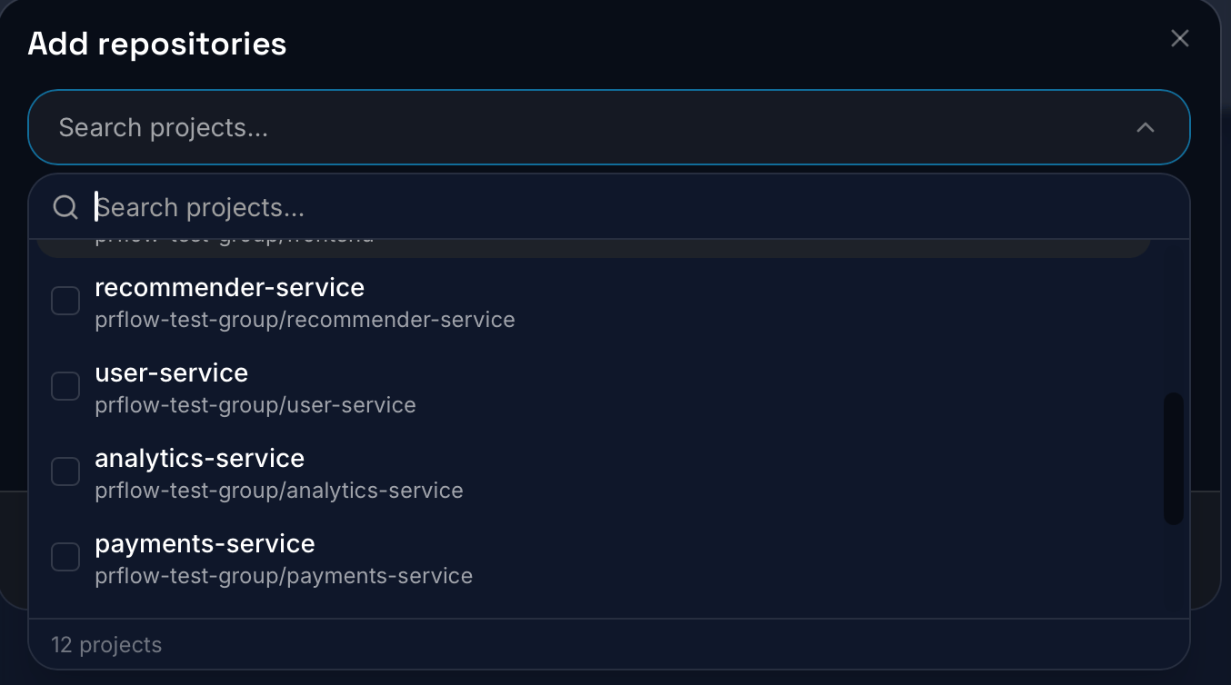 The Add repositories dialog with a searchable, multi-select project list