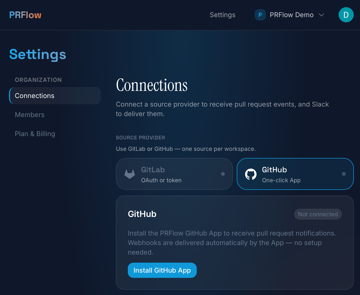 PRFlow Connections settings page with GitHub selected as the source provider and an Install GitHub App button