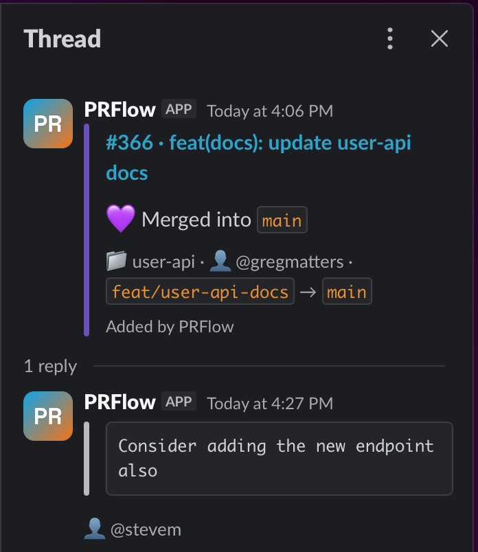 Slack thread showing a PRFlow merge request message with a review comment synced as a threaded reply, quoting the comment text and attributing it to the commenter's username