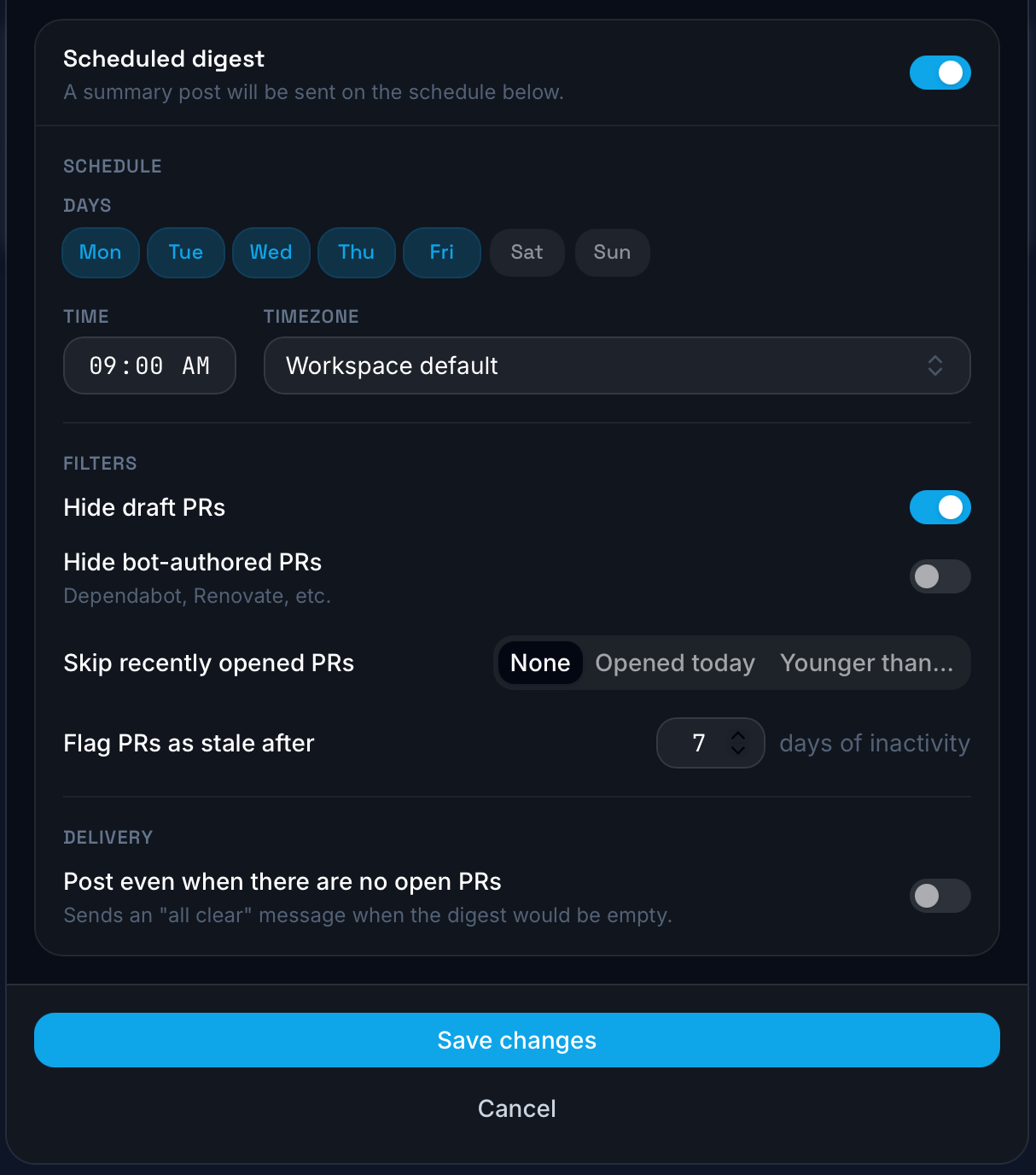 Scheduled digest settings: schedule, filters, and delivery