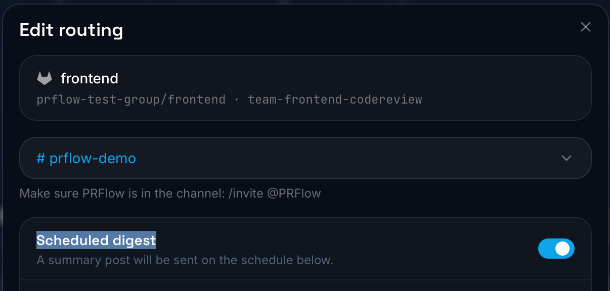 The routing editor with the Scheduled digest toggle switched on