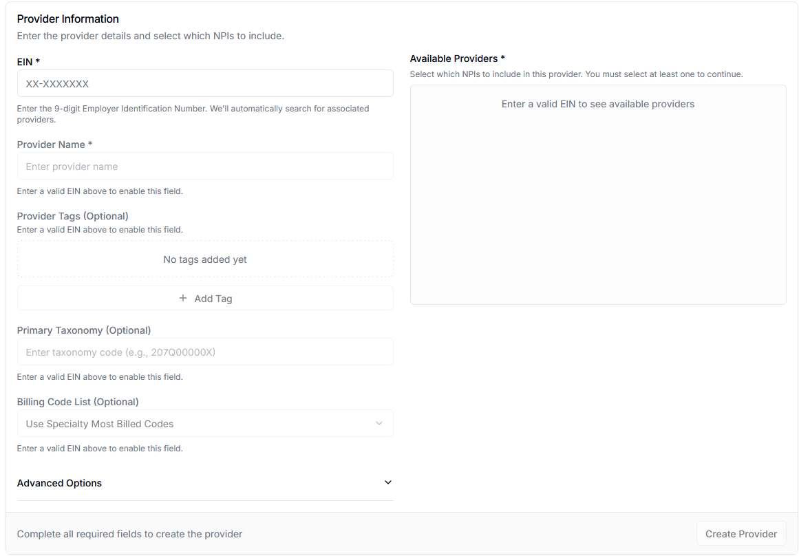 Empty Provider Creation Form