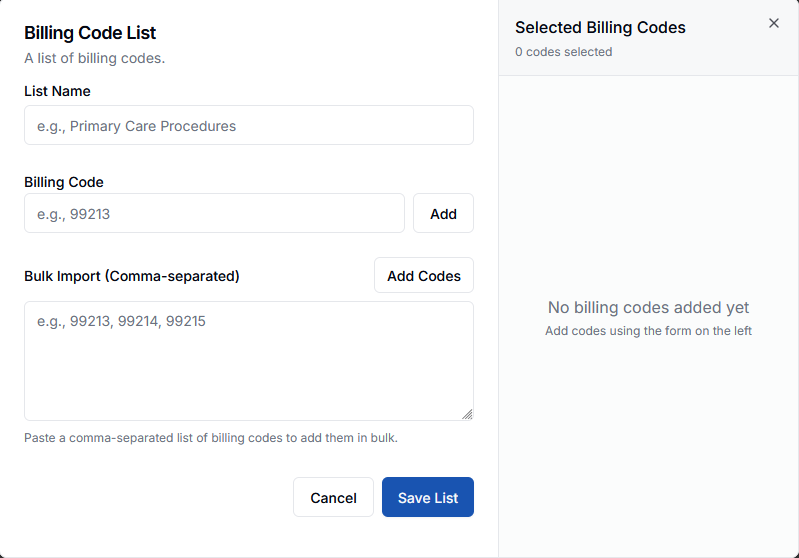 Billing Code List Creation