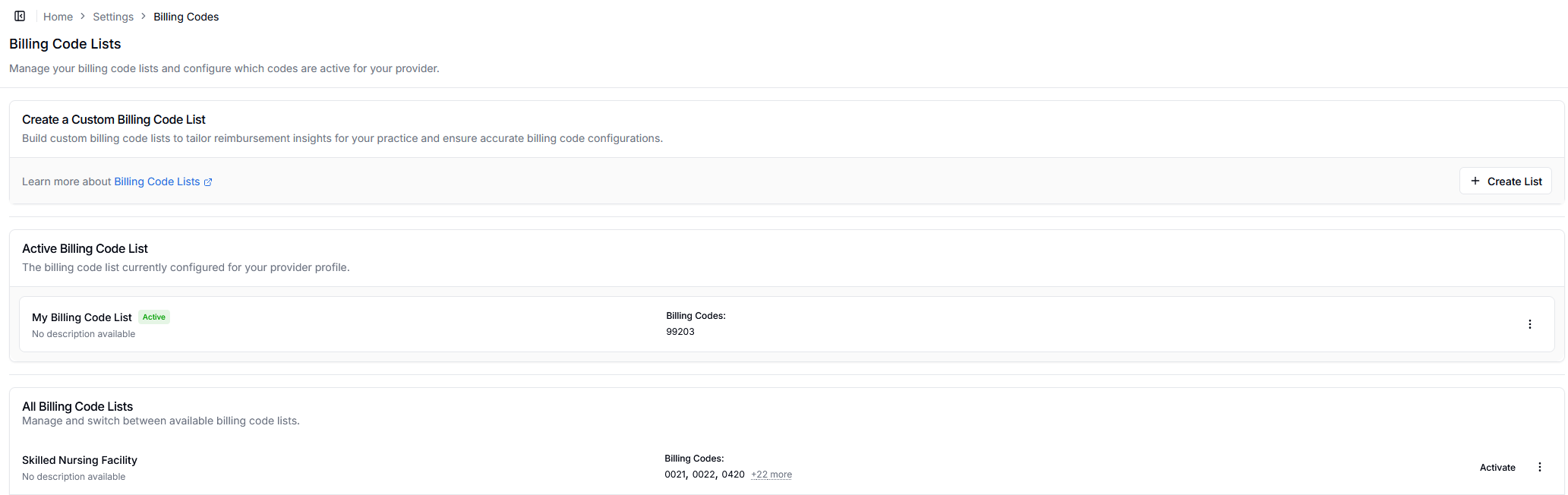Billing Code Lists Overview