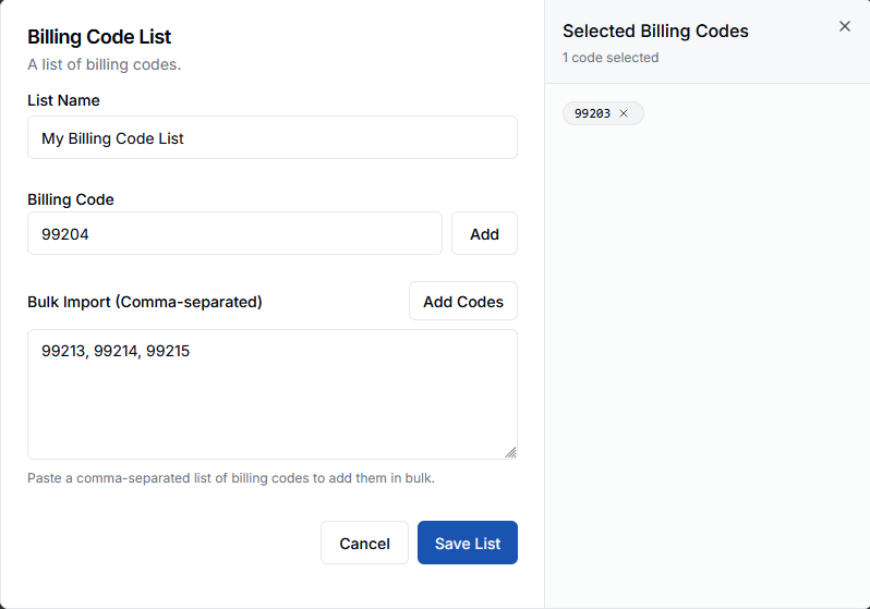 Filled Billing Code List
