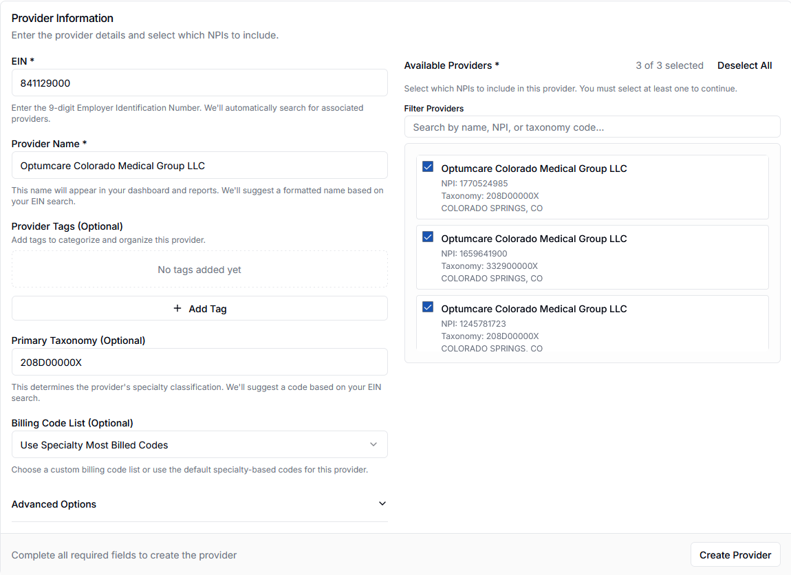Filled Provider Creation Form