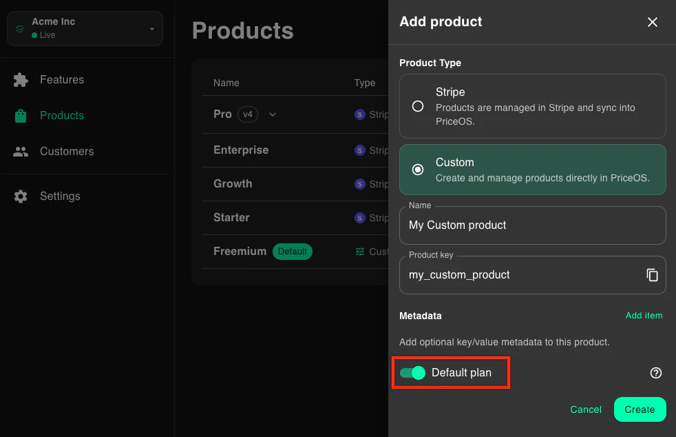 Creating a default custom product