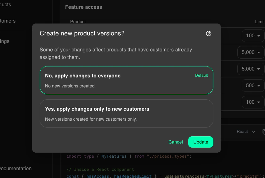 Product version dialog