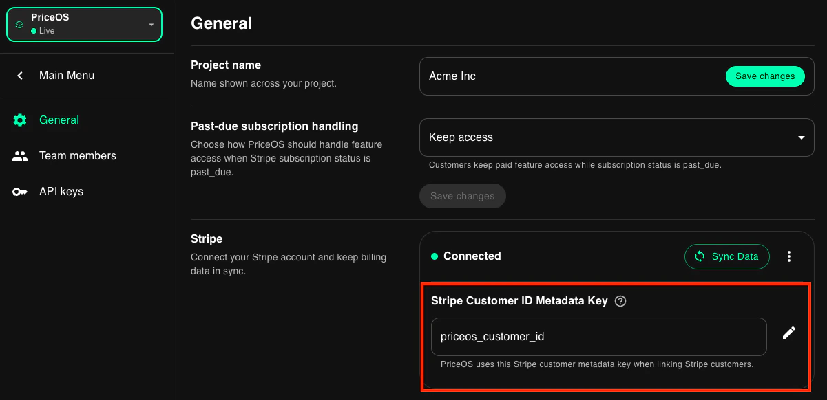 Stripe customer metadata key in settings