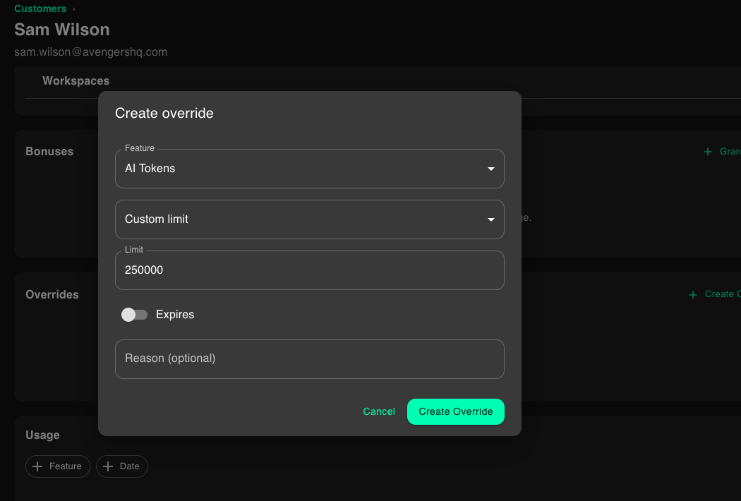 Customer override dialog in PriceOS