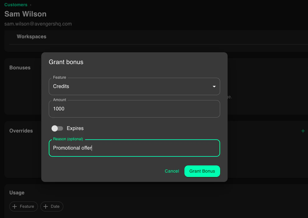 Grant bonus dialog page in PriceOS