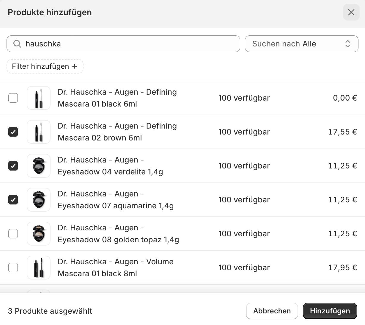 Dialog „Produkte hinzufügen“ mit Suchfeld, einer Trefferliste mit Auswahlkästchen und der Anzahl ausgewählter Produkte